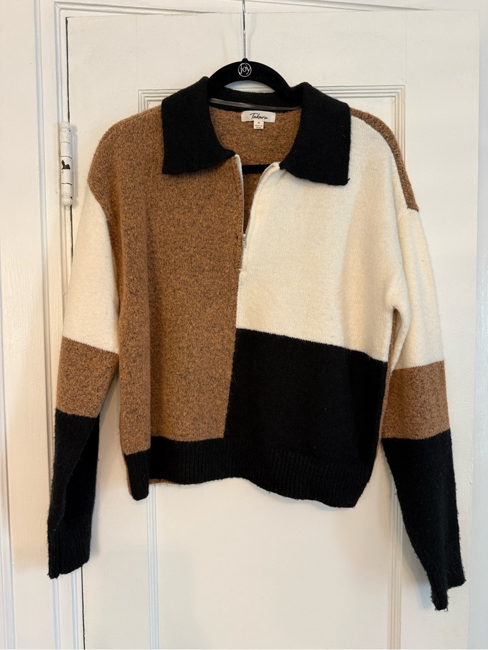 Takara Colorblock Zip-Front Sweater in Brown Black Cream